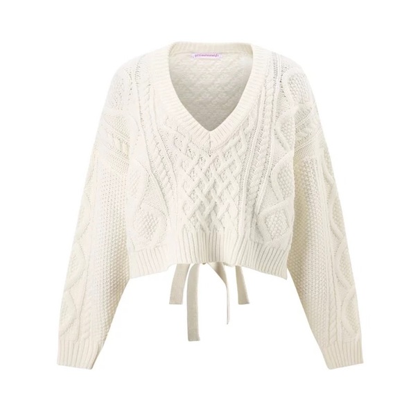 LAST 1! Chunky Cream  Tie Up Back Cable Sweater - Picture 3 of 8